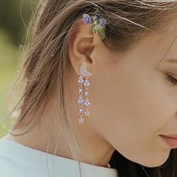 Neiman Marcus Rhinestone 18k Gold Plated Moon Star Teardrop Dangle Earrings - Picture 1 of 4